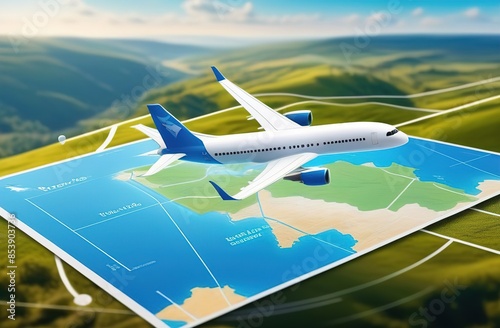 illustration of a plane and map, tourism and travel concept