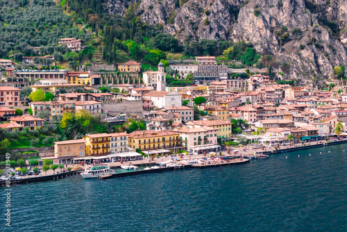 Historic Italian town of Limone Sul Garda on shore Lake Garda in Italy. Aerial view