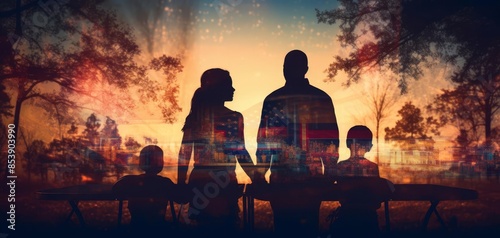 A silhouette of a family of four standing together at sunset, with trees and colorful sky in the background, creating a heartwarming scene.