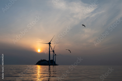 View of the wind turbines and flying seagulls during sunset on the sea photo