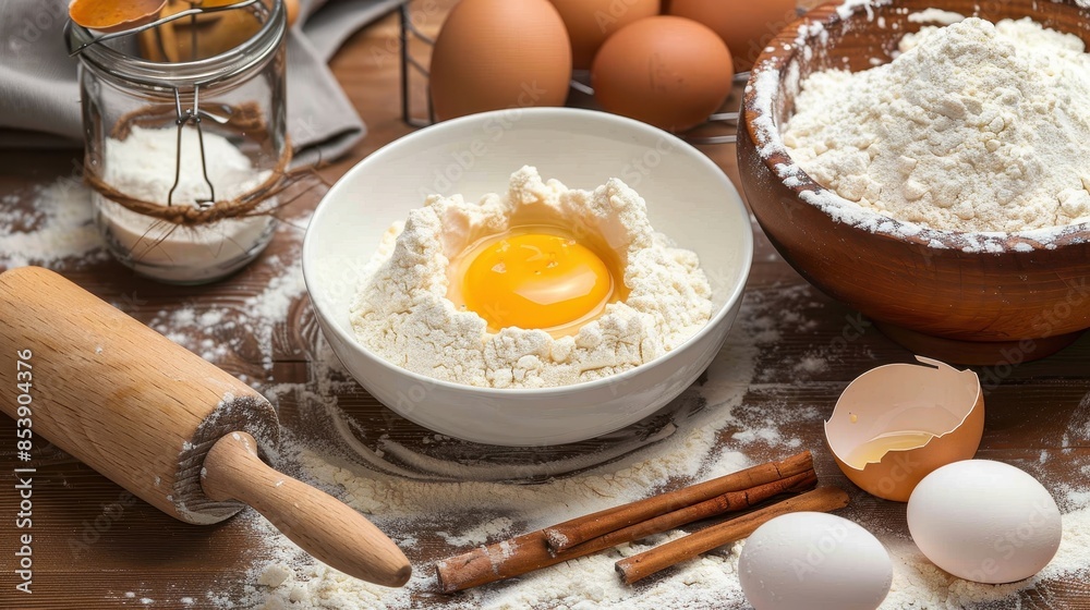 Close-up of egg in flour with baking utensils and ingredients around