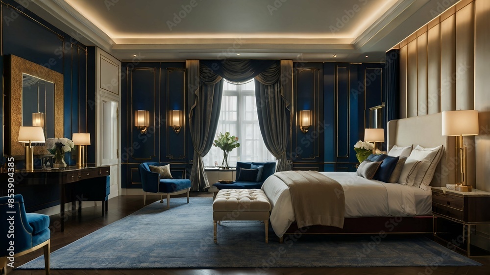 Enter a luxurious bedroom, with elegant blue walls, creating an elegant space for your precious memories. Generative AI. Enter a luxurious bedroom, with elegant blue walls, creating an elegant space for your precious memories. Generative AI.