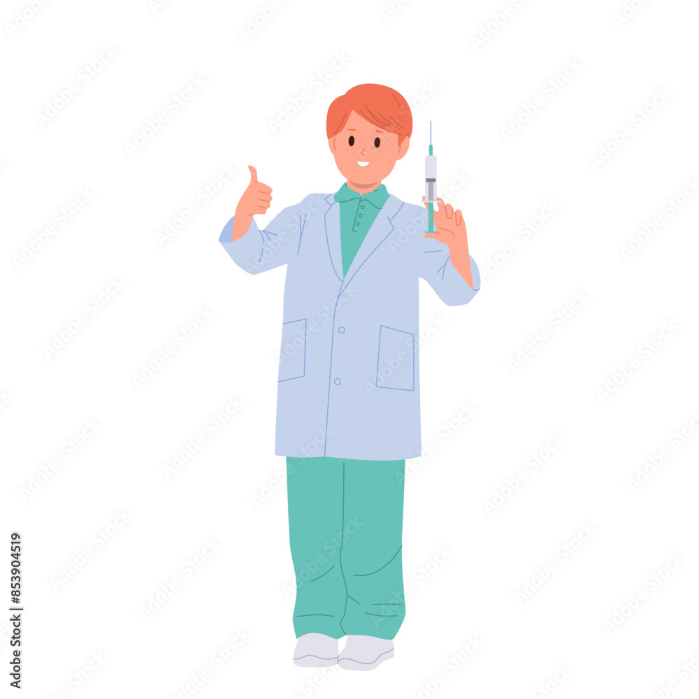 Preteen boy child doctor cartoon character gesturing thumbsup holding syringe isolated on white Preteen boy child doctor cartoon character gesturing thumbsup holding syringe isolated on white