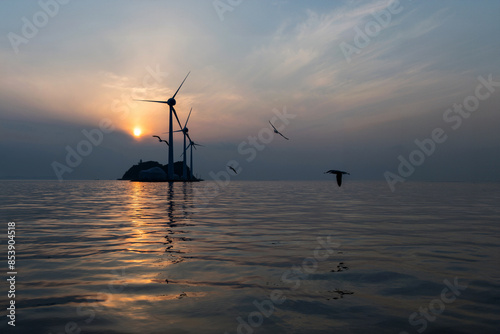 View of the wind turbines and flying seagulls during sunset on the sea photo