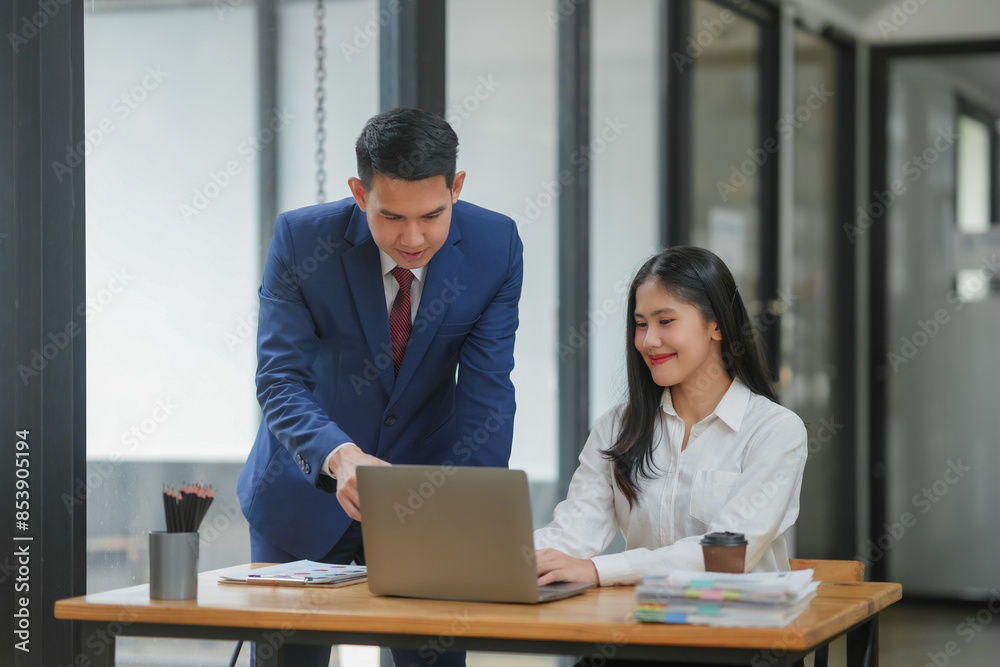 Business professional in a meeting, discussing work strategy on a laptop in a modern office setting. Collaboration and teamwork concept. Business professional in a meeting, discussing work strategy on a laptop in a modern office setting. Collaboration and teamwork concept.