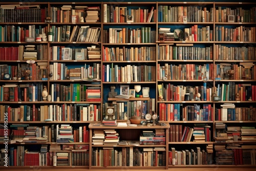 English textbooks on bookshelf Library education background