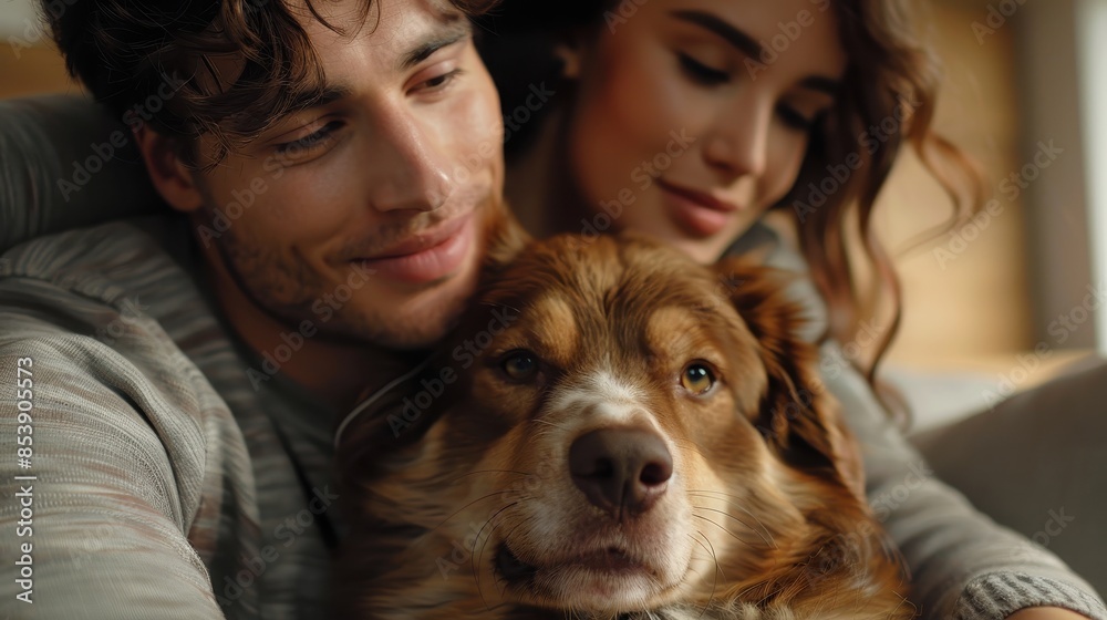 An affectionate couple shares a loving moment with their pet dog, exhibiting happiness and connection An affectionate couple shares a loving moment with their pet dog, exhibiting happiness and connection