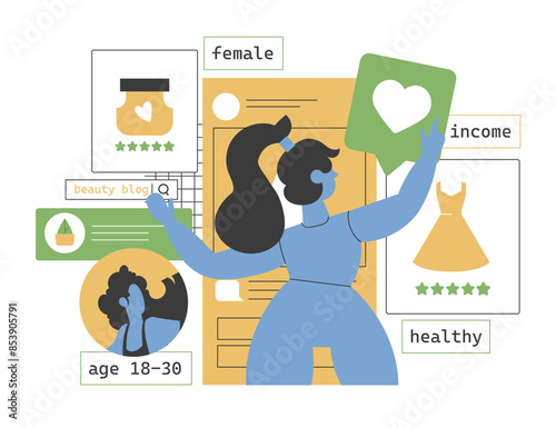 A woman browsing beauty products and dresses online, showing targeted advertising based on data like age, gender, and income. Illustrates digital marketing and personalized ads. Vector illustration.