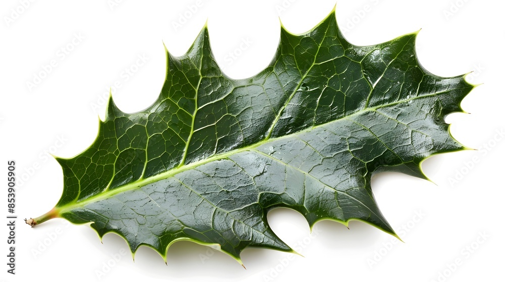 Naklejka premium Glossy Holly Leaf with Sharp Points on Isolated White Background