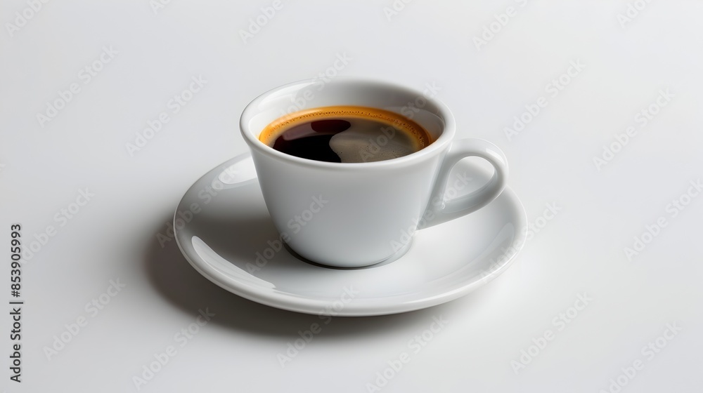 Intense Espresso Shot in White Porcelain Cup on Isolated White Background Intense Espresso Shot in White Porcelain Cup on Isolated White Background