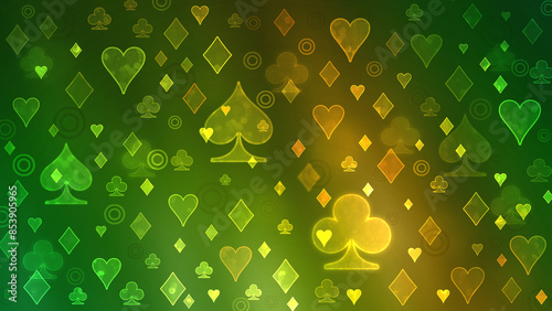Bokeh green pattern of playing cards symbols.