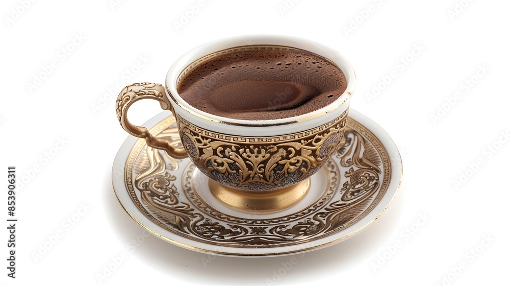 Ornate Turkish Coffee Cup with Rich,Frothy Brew on White Background Ornate Turkish Coffee Cup with Rich,Frothy Brew on White Background