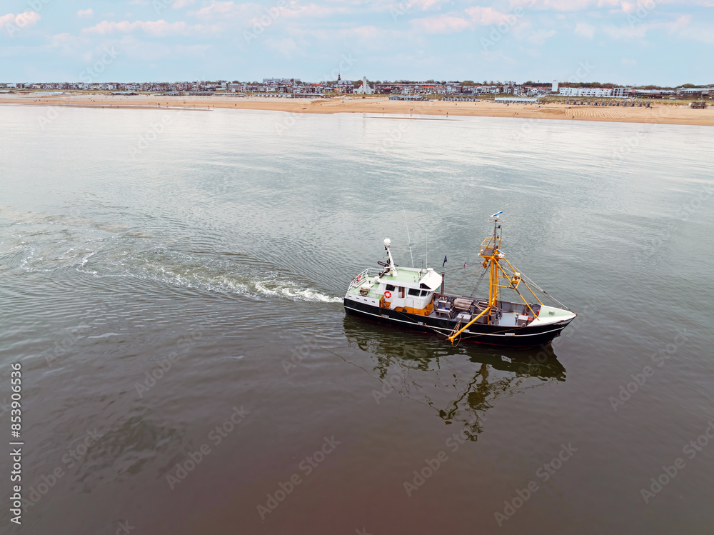 Fototapeta premium Aerial from a fishing trawler on the North Sea before the coast at Katwijk aan Zee in the Netherlands