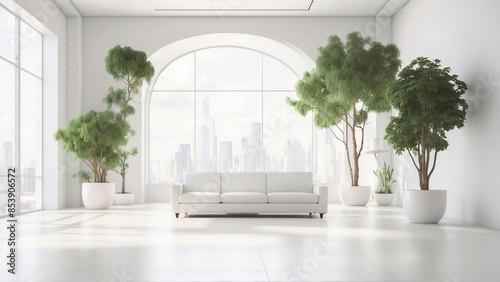 White sofa in empty white room with a little bit tree.