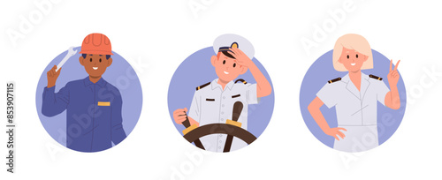 Ship crew children characters marine professional occupation isolated round composition set