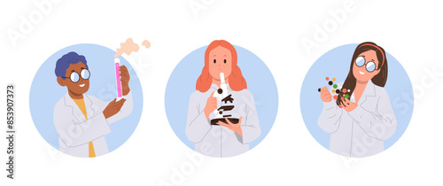 Set of round composition with happy children cartoon characters experiencing science profession