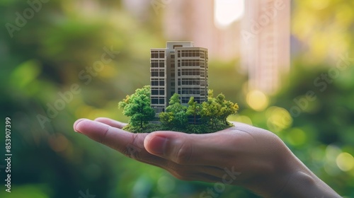 Wallpaper Mural A hand holding a miniature office building, symbolizing the establishment of a business headquarters  Torontodigital.ca