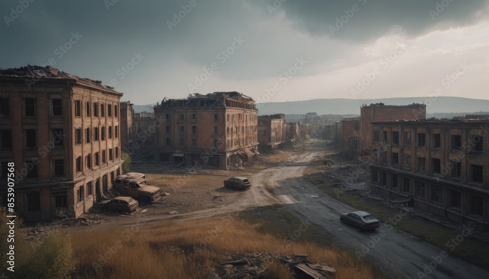 Fototapeta premium A forsaken city with decayed structures and rusting vehicles, under a gloomy, overcast sky