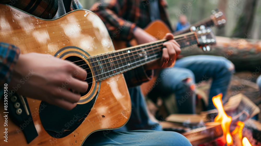 Obraz premium Hands playing guitar around a campfire with friends, enjoying outdoor leisure and music