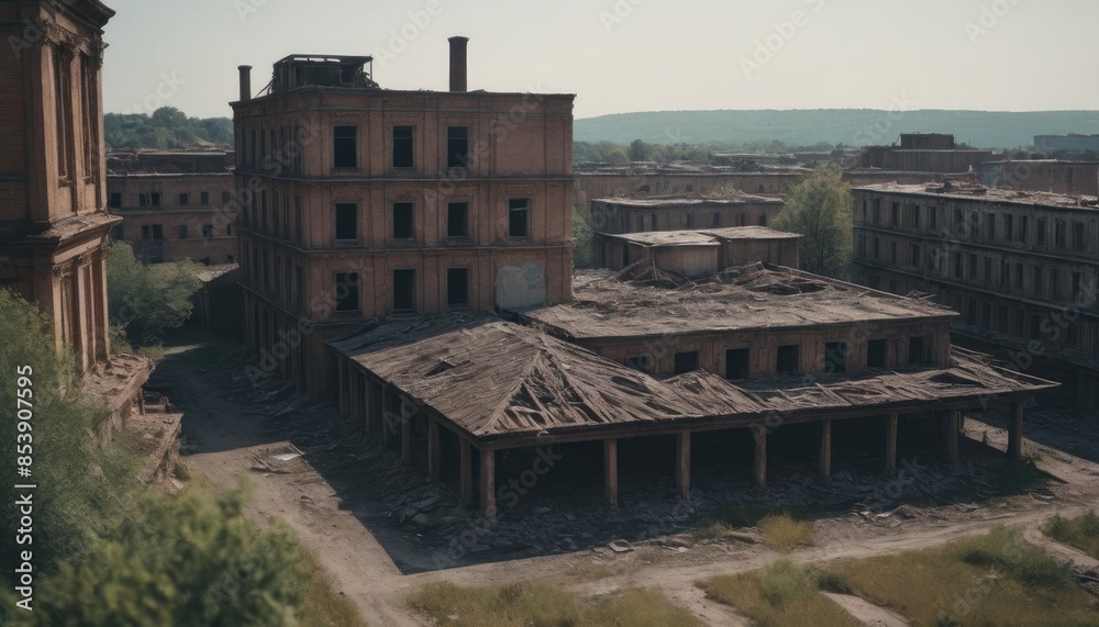 Obraz premium Abandoned buildings and rusting cars line the deserted streets of this haunting urban wasteland