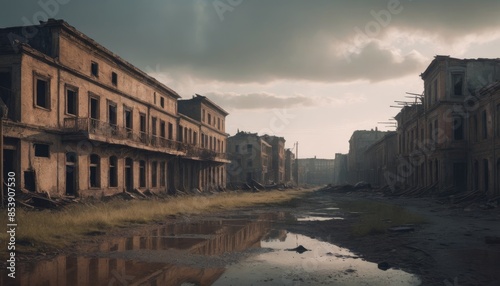 A haunting scene of urban decay with abandoned buildings and rusting vehicles under a bleak, overcast sky © Александр Бердюгин