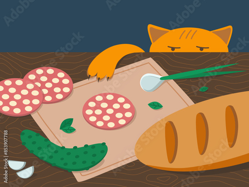 Ginger cat steals food from table. Vector illustration of bread, sausage, onion, garlic, cucumber. Kitchen table with groceries. Funny drawing of cute pet cat.