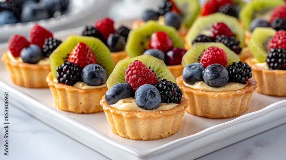 Assorted mini fruit tarts with a variety of fresh berries and kiwi slices, elegantly displayed on a white dessert platter. Assorted mini fruit tarts with a variety of fresh berries and kiwi slices, elegantly displayed on a white dessert platter.