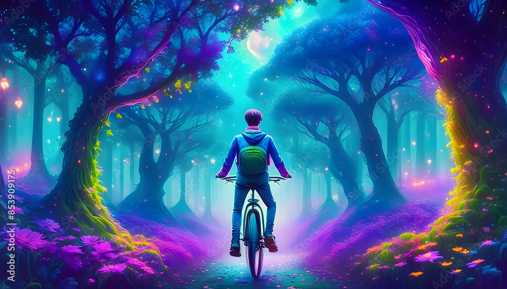 Artistic Cosmic young man riding a bicycle, back view, fantacy Portraiton the fantacy. Artistic Cosmic young man riding a bicycle, back view, fantacy Portraiton the fantacy.