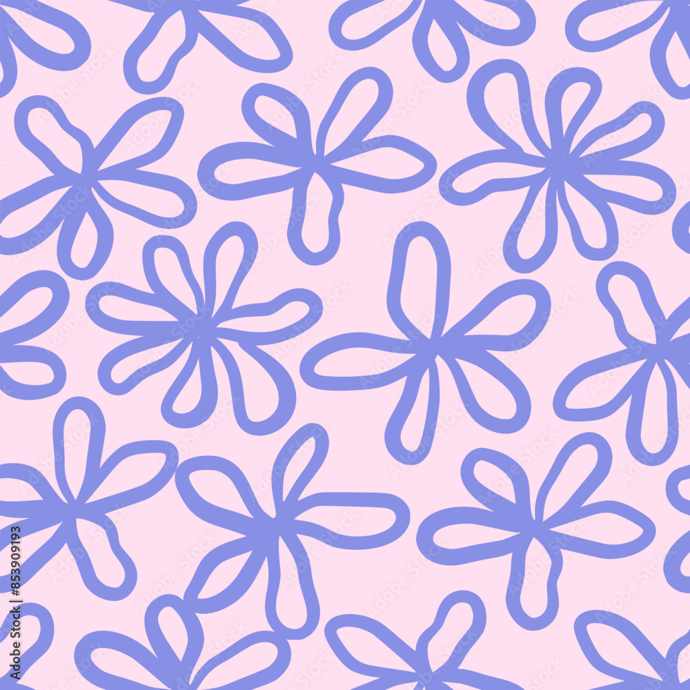 Vector floral seamless pattern. Abstract simple blue flowers in hand drawn style on pink background. Retro vibe. Cottage core. Design for fabric, wallpaper, wrapping paper, cover, poster, invitation Vector floral seamless pattern. Abstract simple blue flowers in hand drawn style on pink background. Retro vibe. Cottage core. Design for fabric, wallpaper, wrapping paper, cover, poster, invitation