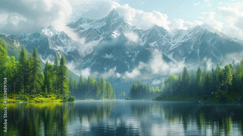 Fototapeta premium Misty Mountain Lake with Snow-capped Peaks