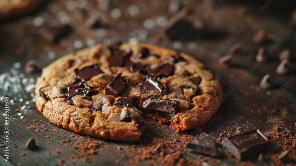 Close-up of a freshly baked chocolate chip cookie with melting chocolate chunks, placed on a rustic kitchen table. Close-up of a freshly baked chocolate chip cookie with melting chocolate chunks, placed on a rustic kitchen table.