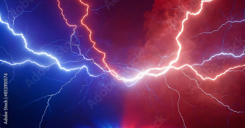 A powerful clash of red and blue lightning bolts against a dark background, symbolizing opposing forces or a dramatic confrontation. Ideal for conveying conflict, energy, or electricity-related themes