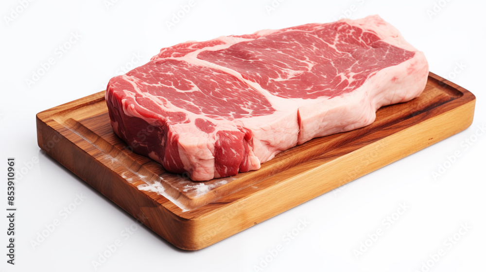 Raw meat bone slice on wooden cutting board isolated on white background, using natural light.