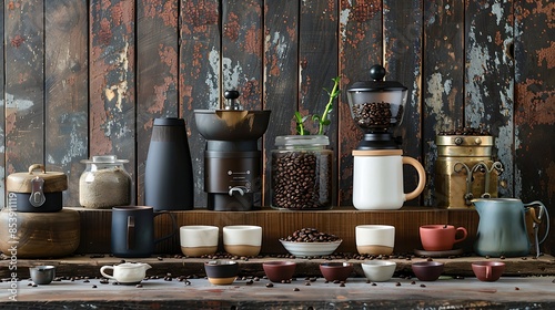 A display of different types of coffee beans, cups, and a grinder on a rustic wooden table, showcasing coffee culture and preparation. 