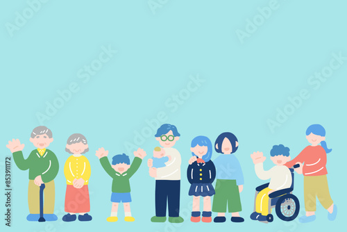 横に並んでいる地域の人々のフラットなイラスト（セット）