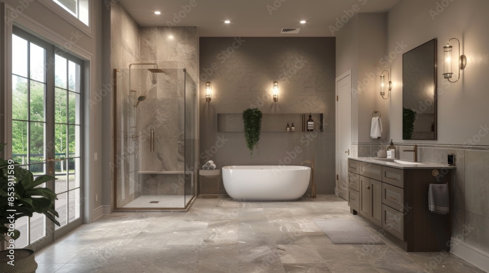 Contemporary bathroom design with a freestanding bathtub, walk-in shower, and elegant vanity with mirror and lights. Contemporary bathroom design with a freestanding bathtub, walk-in shower, and elegant vanity with mirror and lights.