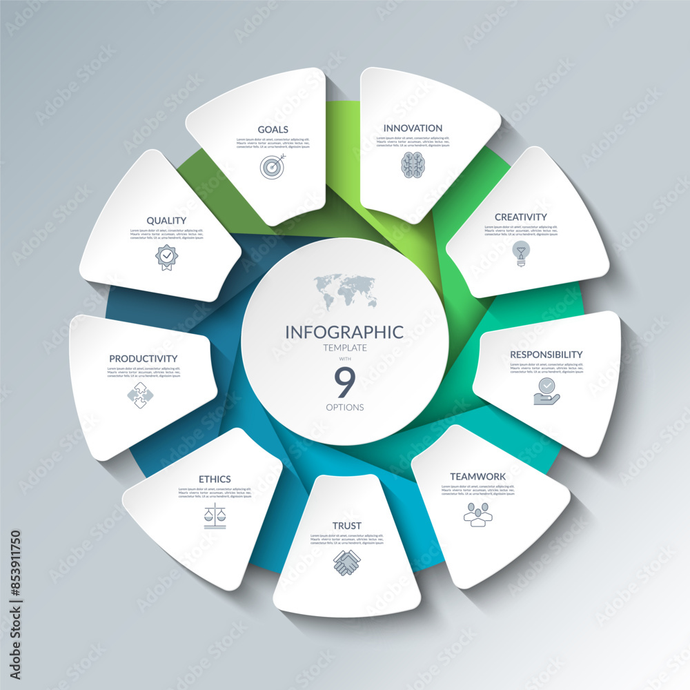 Vetor de Infographic circular diagram with 9 options. Round chart that ...