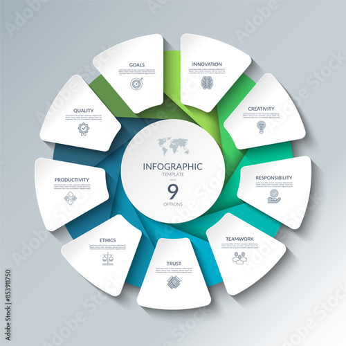 Infographic circular diagram with 9 options. Round chart that can be used for business analytics, data visualization and presentation. Vector illustration.