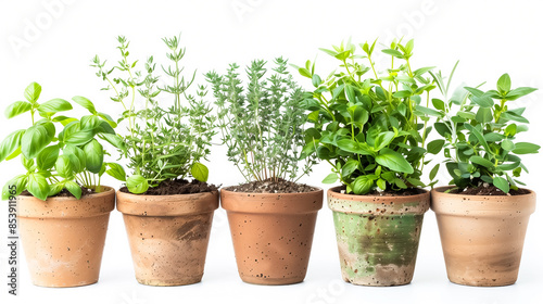 Four potted herbs on a white background. The herbs are basil, thyme, rosemary, and parsley.