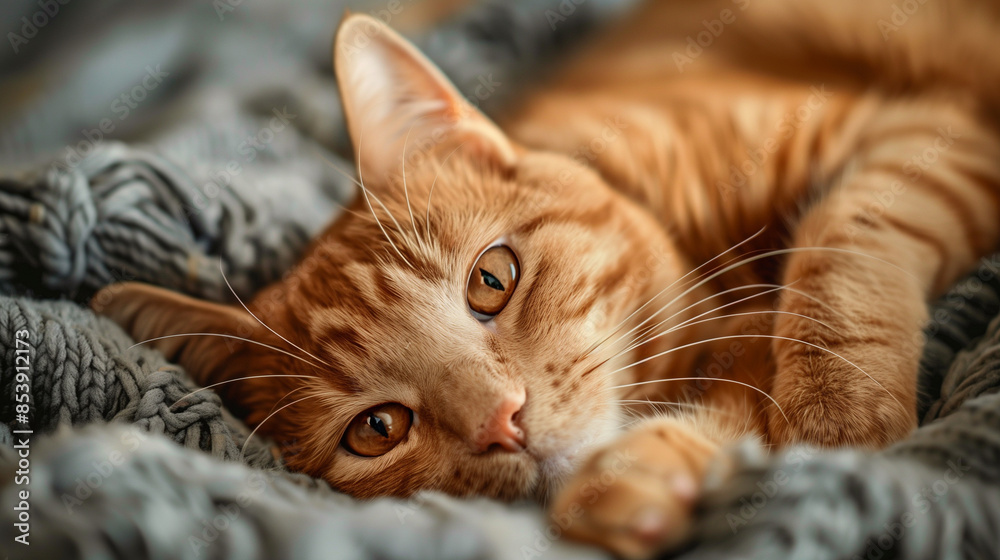 Orange American Shorthair tabby cat lies on the bed. Kitty looks at the camera. Orange American Shorthair tabby cat lies on the bed. Kitty looks at the camera.