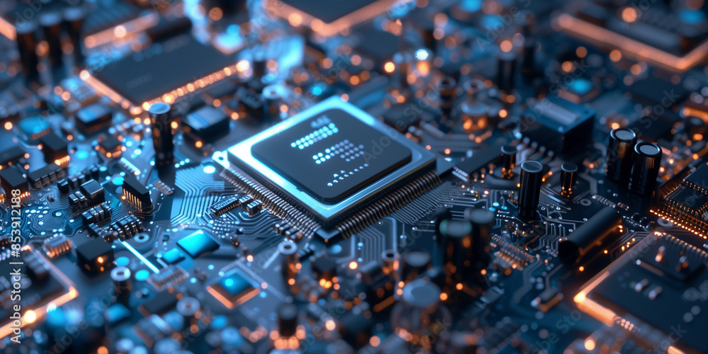 Obraz premium Closeup of microprocessor on motherboard. Concept of computer chip and technology.