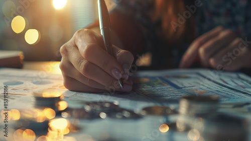 woman hand holding a pen, writing detailed financial plan, semi-transparent overlay of financial graphs and silver coins photo