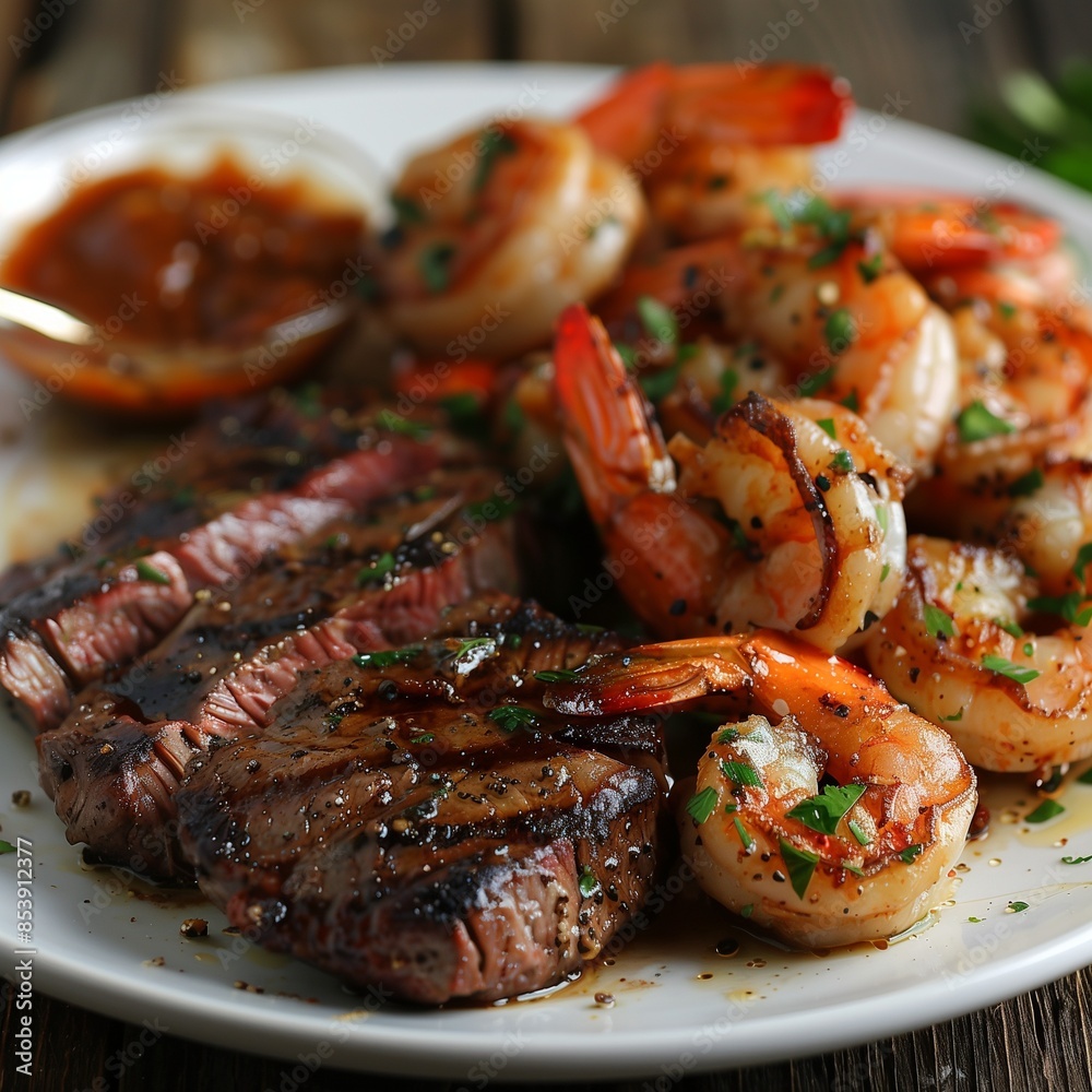 Grilled steak and succulent shrimp garnished with fresh herbs, served with a rich dipping sauce. A perfect blend of tender beef and flavorful seafood, ideal for gourmet dining or food photography Grilled steak and succulent shrimp garnished with fresh herbs, served with a rich dipping sauce. A perfect blend of tender beef and flavorful seafood, ideal for gourmet dining or food photography