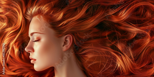 Redhead woman with long healthy hair. Trendy hairstyle concept.