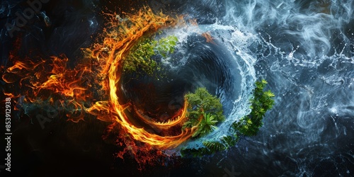 The four elements of nature Earth wind fire air water forming a circular shape breathtaking creative design dramatic dark background emphasizing elements in the center wide shot