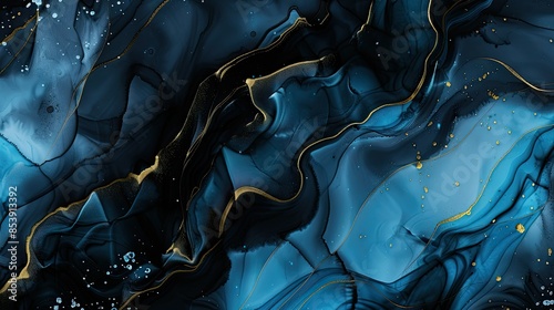 Aesthetic liquid blue and gold marbel background.  Modern fluid marbel texture.