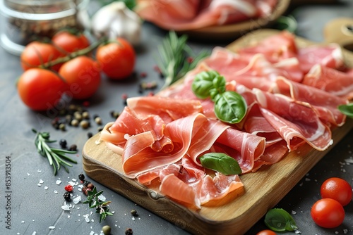 Slices of prosciutto di parma or jamon serrano (iberico) on a dark cutting board.