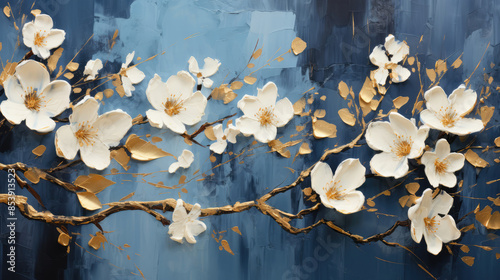 Fototapeta Naklejka Na Ścianę i Meble -  Abstract painted oil acrylic painting of white flowers with gold deatils and dark blue moody background wallpaper texture illustration., Generative AI