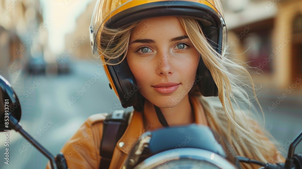 Blonde Woman in Yellow Helmet on a Motorcycle Blonde Woman in Yellow Helmet on a Motorcycle
