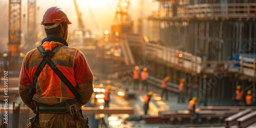 Realistic shot of a construction worker wearing safety gear stands on the site